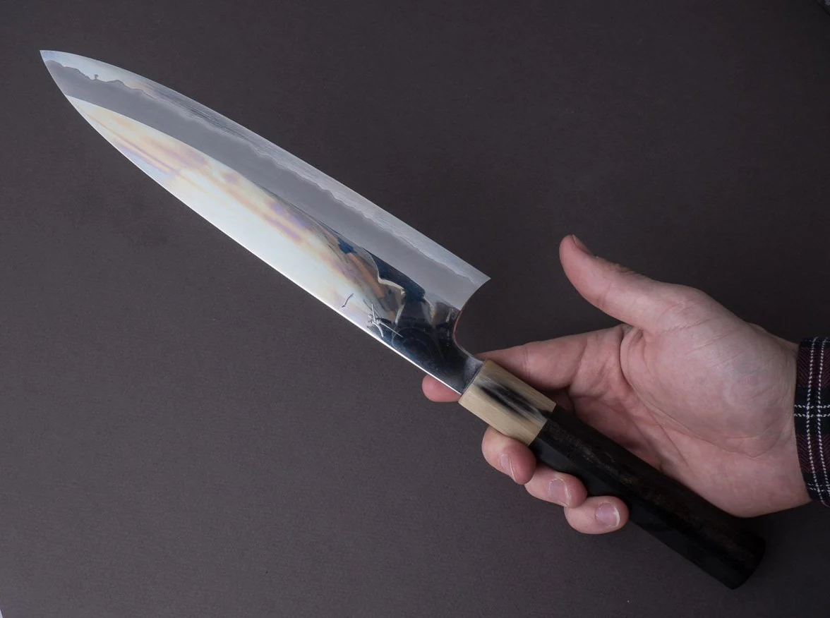 Hitohira - Togashi - Blue #1 Stainless Clad - Mirror Polished - 240mm Gyuto - Tahei Makassar Ebony Handle - Image 7