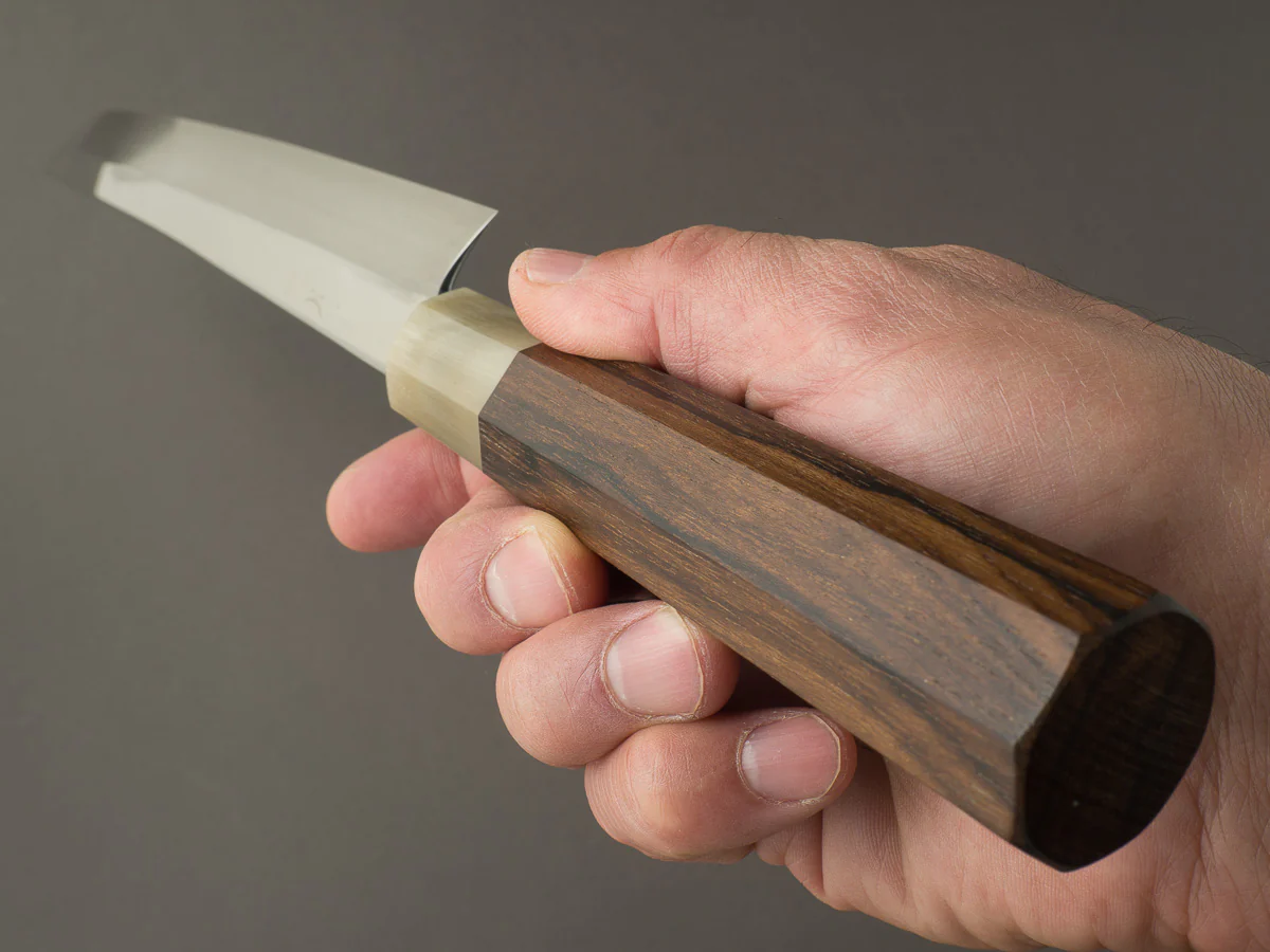 Hitohira -Togashi x Kambei - White #1 - Mizu Honyaki - 300mm Sakimaru Yanagiba - Ziricote Handle - Mirror Polished - Image 10