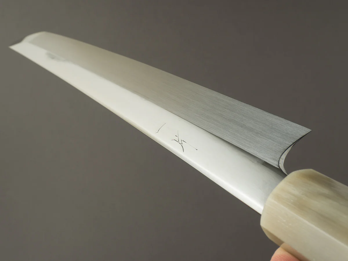 Hitohira -Togashi x Kambei - White #1 - Mizu Honyaki - 300mm Sakimaru Yanagiba - Ziricote Handle - Mirror Polished - Image 11