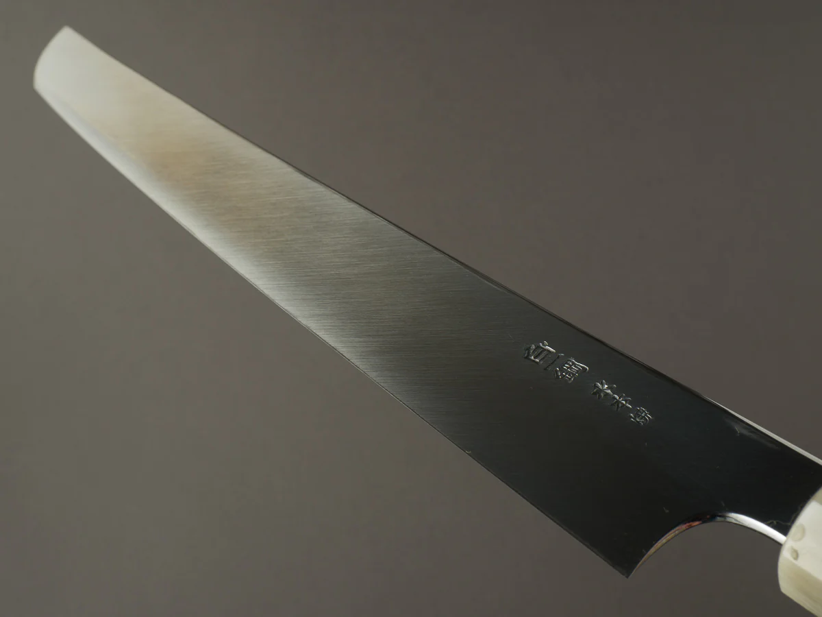 Hitohira -Togashi x Kambei - White #1 - Mizu Honyaki - 300mm Sakimaru Yanagiba - Ziricote Handle - Mirror Polished - Image 12