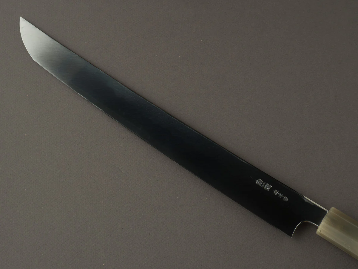 Hitohira -Togashi x Kambei - White #1 - Mizu Honyaki - 300mm Sakimaru Yanagiba - Ziricote Handle - Mirror Polished - Image 3
