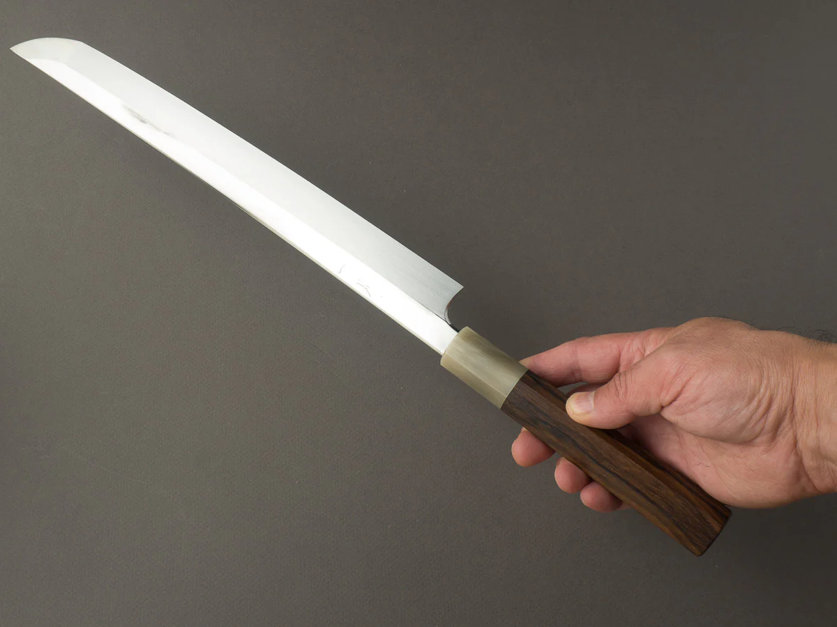 Hitohira -Togashi x Kambei - White #1 - Mizu Honyaki - 300mm Sakimaru Yanagiba - Ziricote Handle - Mirror Polished - Image 5