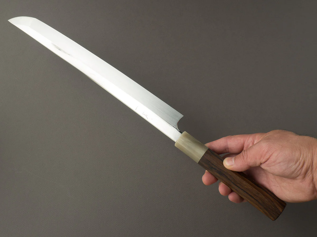 Hitohira -Togashi x Kambei - White #1 - Mizu Honyaki - 300mm Sakimaru Yanagiba - Ziricote Handle - Mirror Polished - Image 6