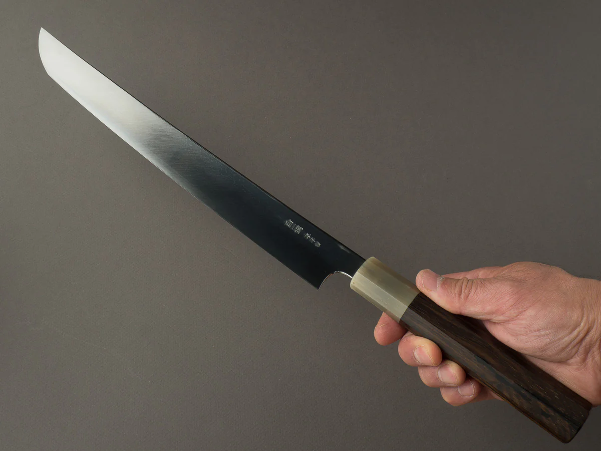 Hitohira -Togashi x Kambei - White #1 - Mizu Honyaki - 300mm Sakimaru Yanagiba - Ziricote Handle - Mirror Polished - Image 7