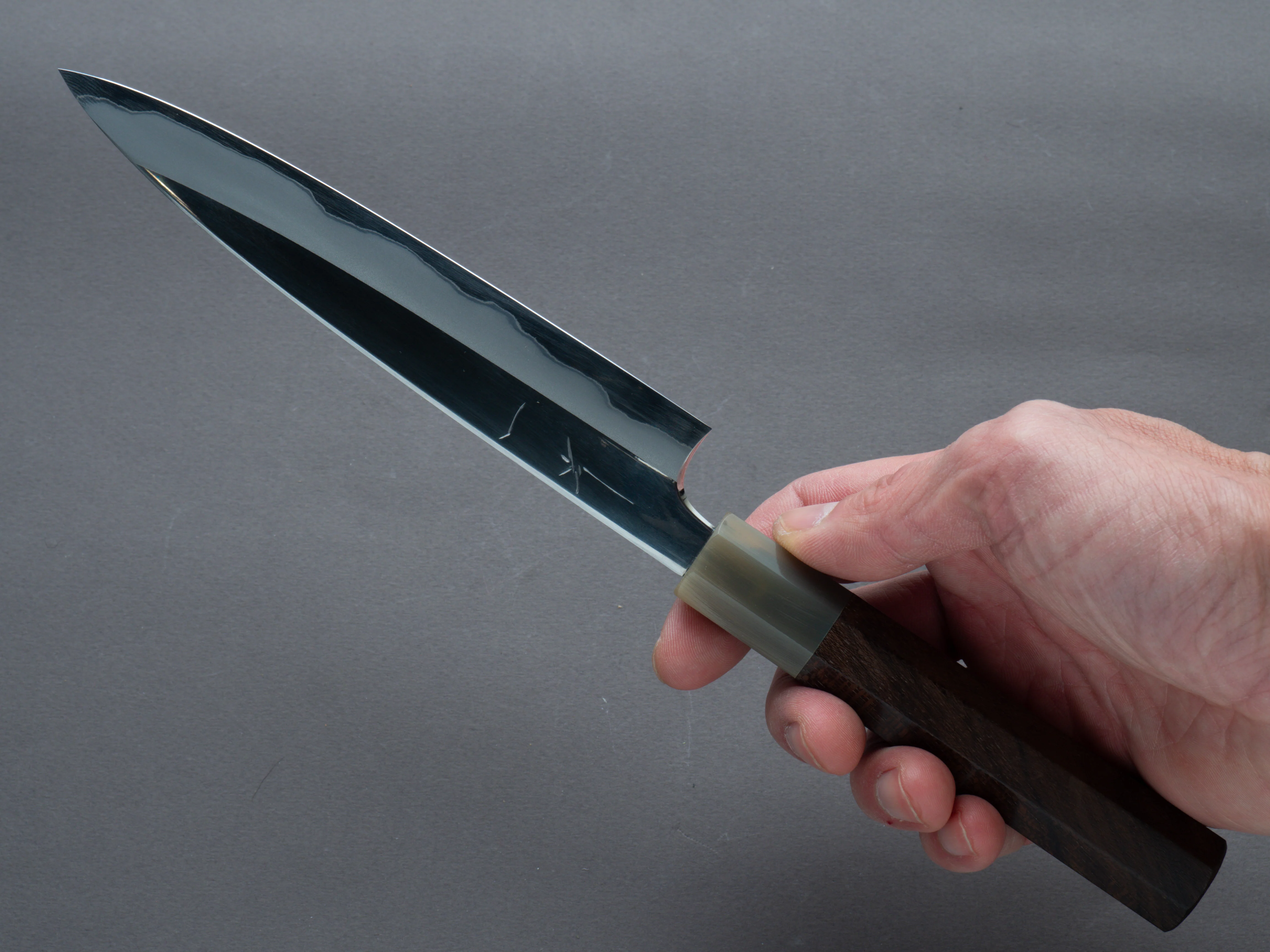 Hitohira - Togashi - Stainless Clad Blue #1 - Mirror Polished - 165mm Petty - Ziricote Handle - Image 7