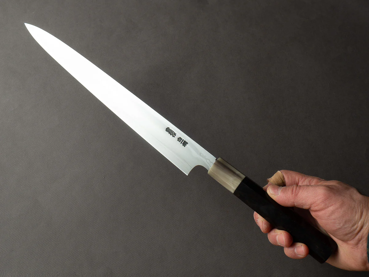 Hitohira - Togashi - White #1 - Damascus - 300mm Yanagiba - Ebony Handle - Image 5