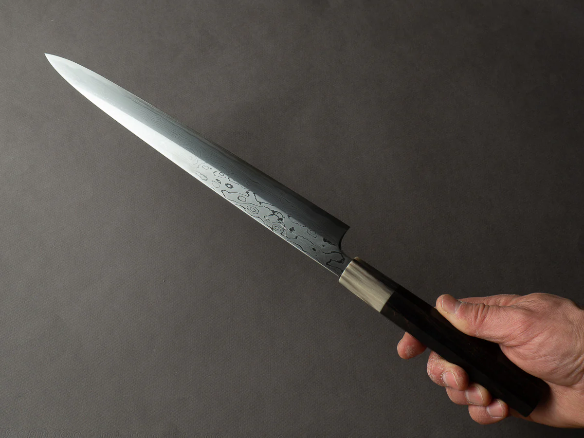 Hitohira - Togashi - White #1 - Damascus - 300mm Yanagiba - Ebony Handle - Image 6