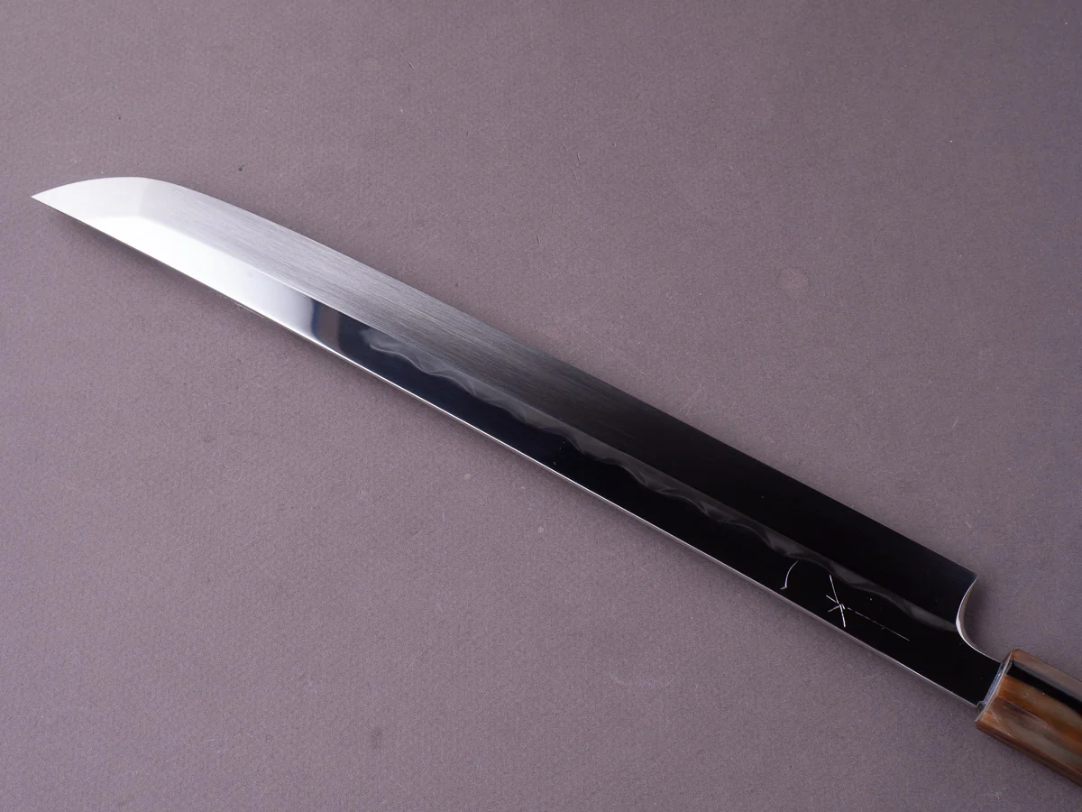 Hitohira - Togashi - White #1 Mizu Honyaki - 300mm Sakimaru Yanagiba - Taihei Ebony Handle - Saya - Image 3
