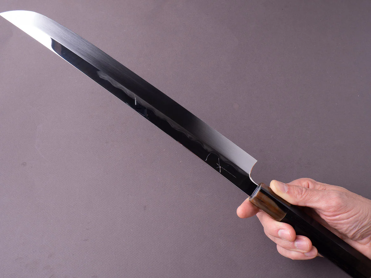 Hitohira - Togashi - White #1 Mizu Honyaki - 300mm Sakimaru Yanagiba - Taihei Ebony Handle - Saya - Image 5