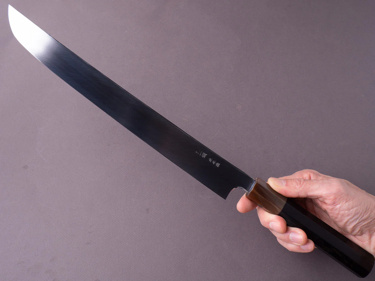 Hitohira - Togashi - White #1 Mizu Honyaki - 300mm Sakimaru Yanagiba - Taihei Ebony Handle - Saya - Image 6