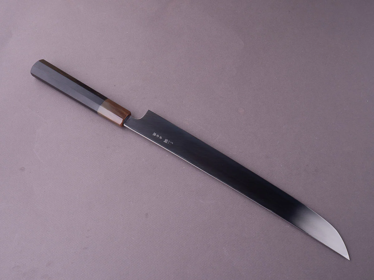 Hitohira - Togashi - White #1 Mizu Honyaki - 300mm Sakimaru Yanagiba - Taihei Ebony Handle - Saya - Image 9