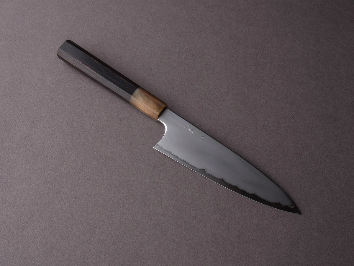 Hitohira - Togashi - White #1 - Stainless Clad - Kasumi - 165mm Utility - Ebony & Blonde Horn Handle