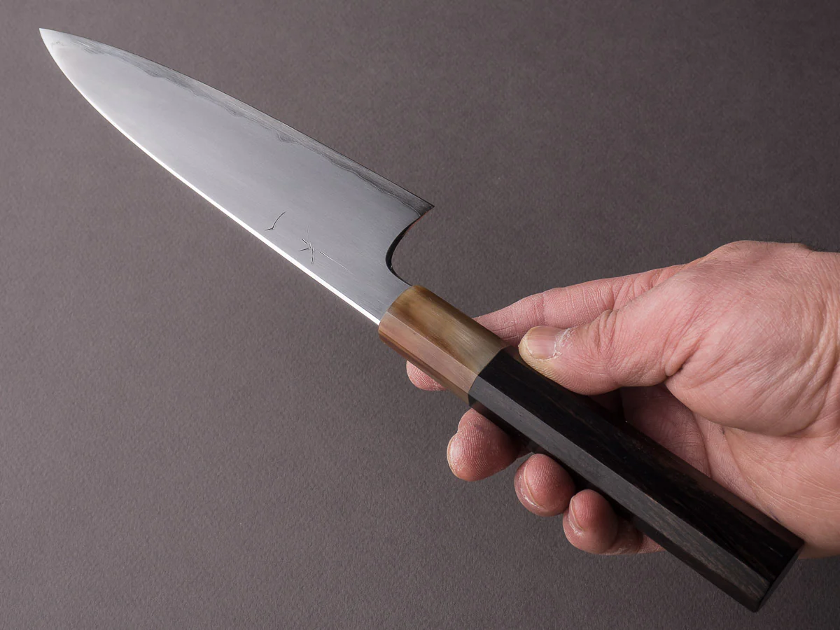Hitohira - Togashi - White #1 - Stainless Clad - Kasumi - 165mm Utility - Ebony & Blonde Horn Handle - Image 5