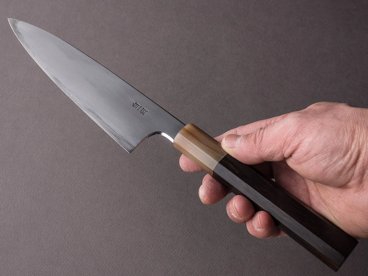 Hitohira - Togashi - White #1 - Stainless Clad - Kasumi - 165mm Utility - Ebony & Blonde Horn Handle - Image 6