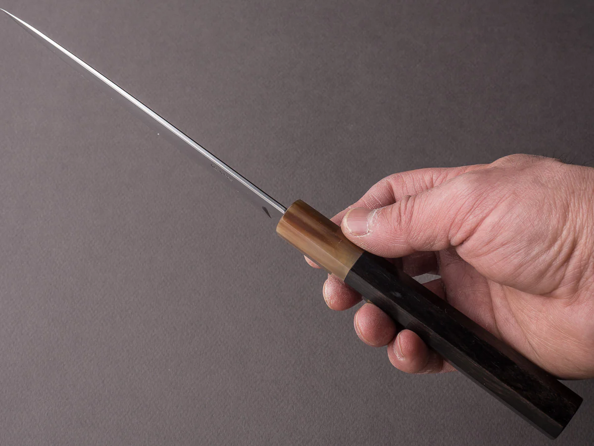 Hitohira - Togashi - White #1 - Stainless Clad - Kasumi - 165mm Utility - Ebony & Blonde Horn Handle - Image 7