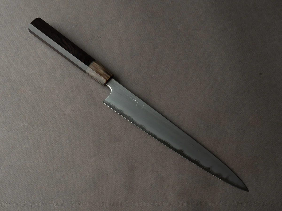 Hitohira - Togashi - White #1 - Stainless Clad - Kasumi - 240mm Sujihiki - Ebony Handle
