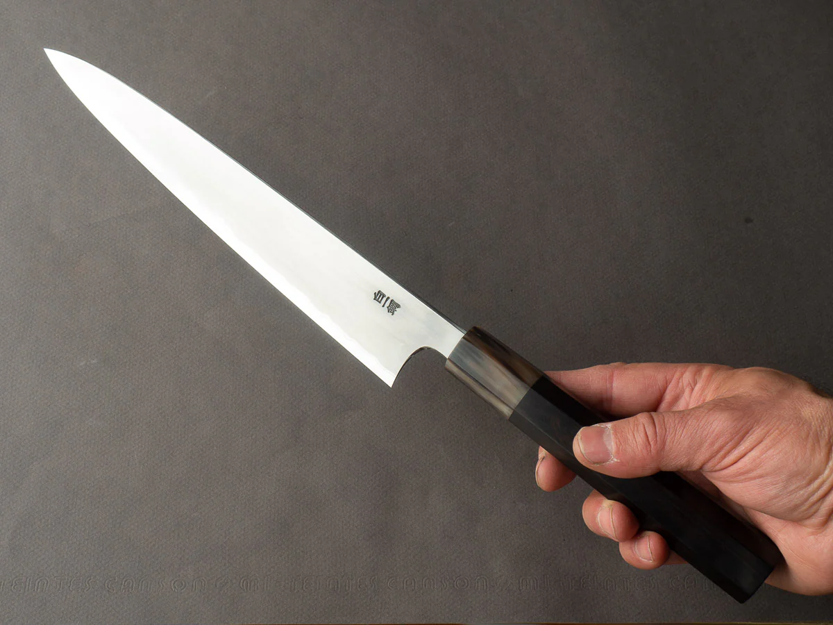 Hitohira - Togashi - White #1 - Stainless Clad - Kasumi - 240mm Sujihiki - Ebony Handle - Image 6