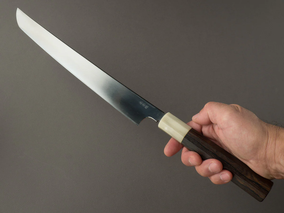 Hitohira - Yoru Fuji - White #2 - Mizu Honyaki - 300mm Sakimaru Yanagiba - Ziricote Handle - Image 7