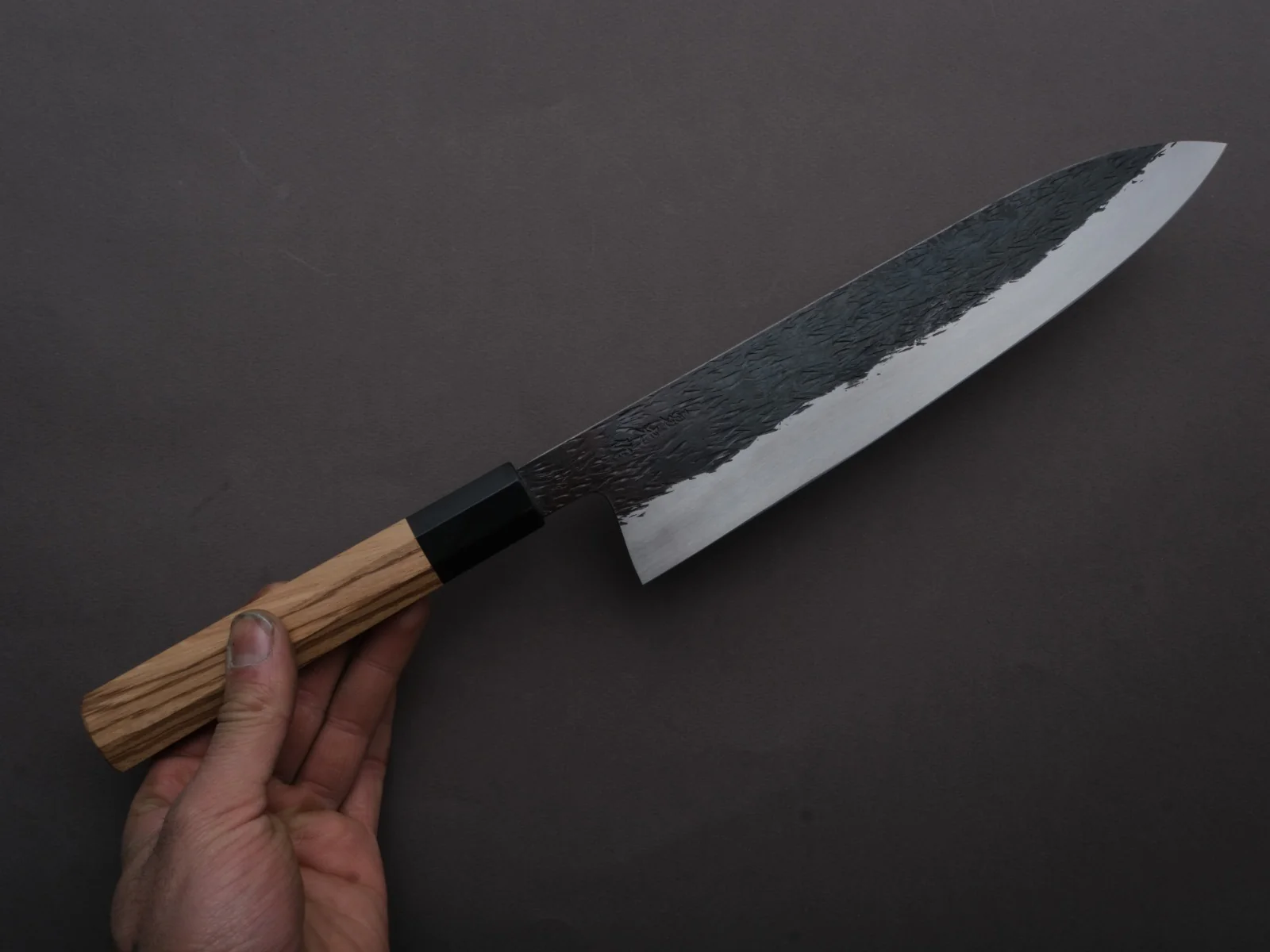 Isamitsu - Super Blue Stainless Clad - Kurouchi - 240mm Gyuto - Taihei Zebrawood Handle - Image 4