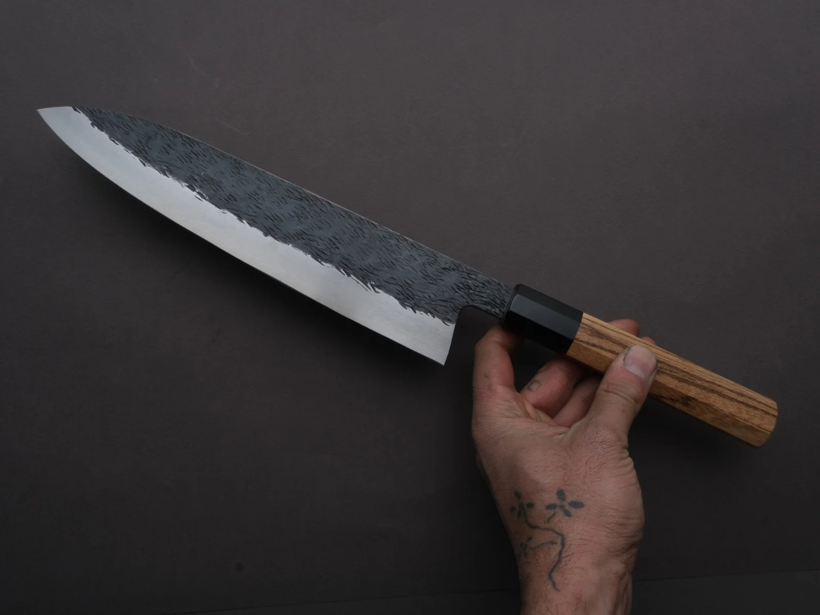 Isamitsu - Super Blue Stainless Clad - Kurouchi - 240mm Gyuto - Taihei Zebrawood Handle - Image 5