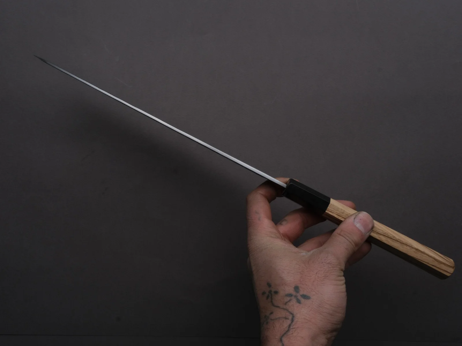Isamitsu - Super Blue Stainless Clad - Kurouchi - 240mm Gyuto - Taihei Zebrawood Handle - Image 6