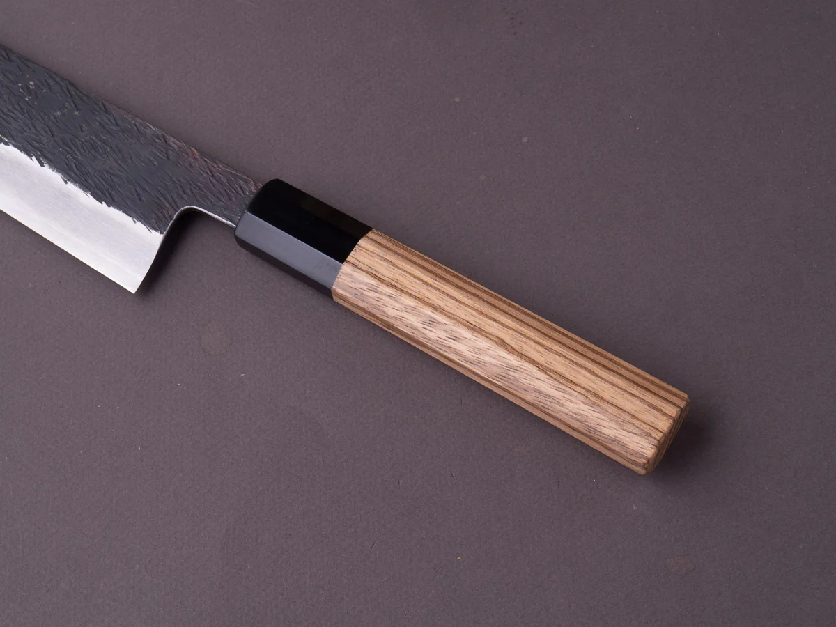 Isamitsu - Super Blue Stainless Clad - Kurouchi - 240mm Gyuto - Taihei Zebrawood Handle - Image 2