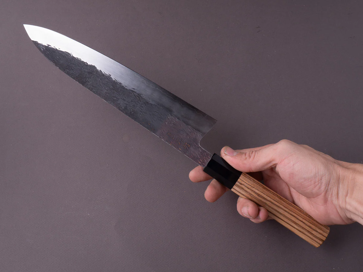 Isamitsu - Super Blue Stainless Clad - Kurouchi - 240mm Gyuto - Taihei Zebrawood Handle - Image 4