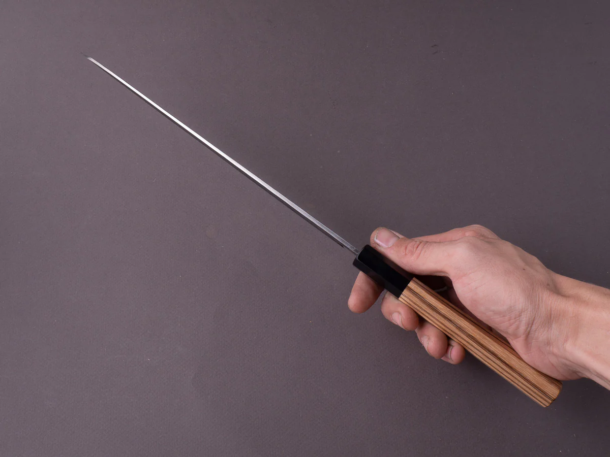 Isamitsu - Super Blue Stainless Clad - Kurouchi - 240mm Gyuto - Taihei Zebrawood Handle - Image 5