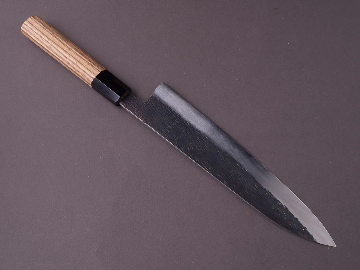 Isamitsu - Super Blue Stainless Clad - Kurouchi - 240mm Gyuto - Taihei Zebrawood Handle - Image 7