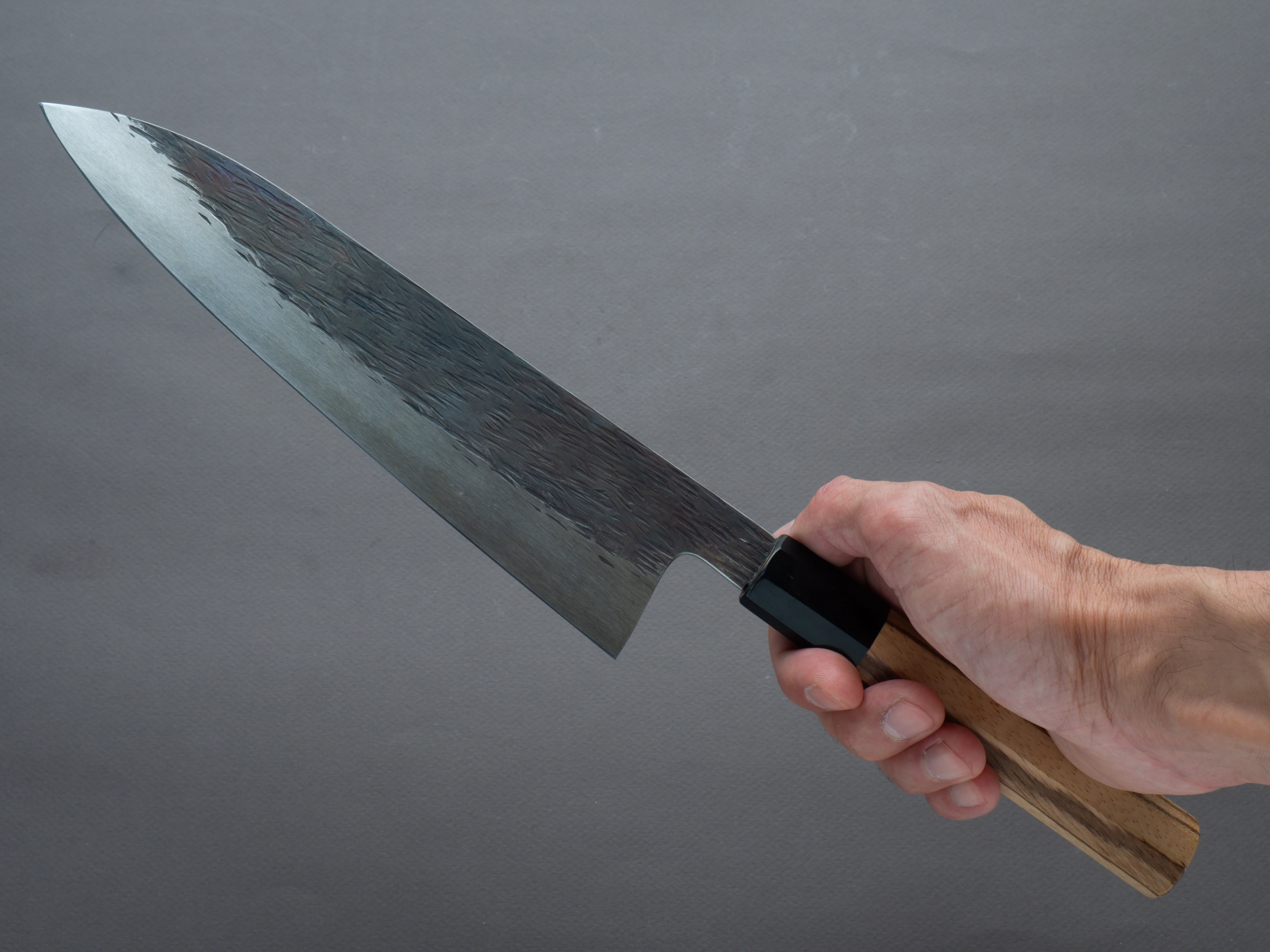 Isamitsu - White #1 - Stainless Clad - Kurouchi - 210mm Gyuto - Taihei Zebrawood Handle - Image 6