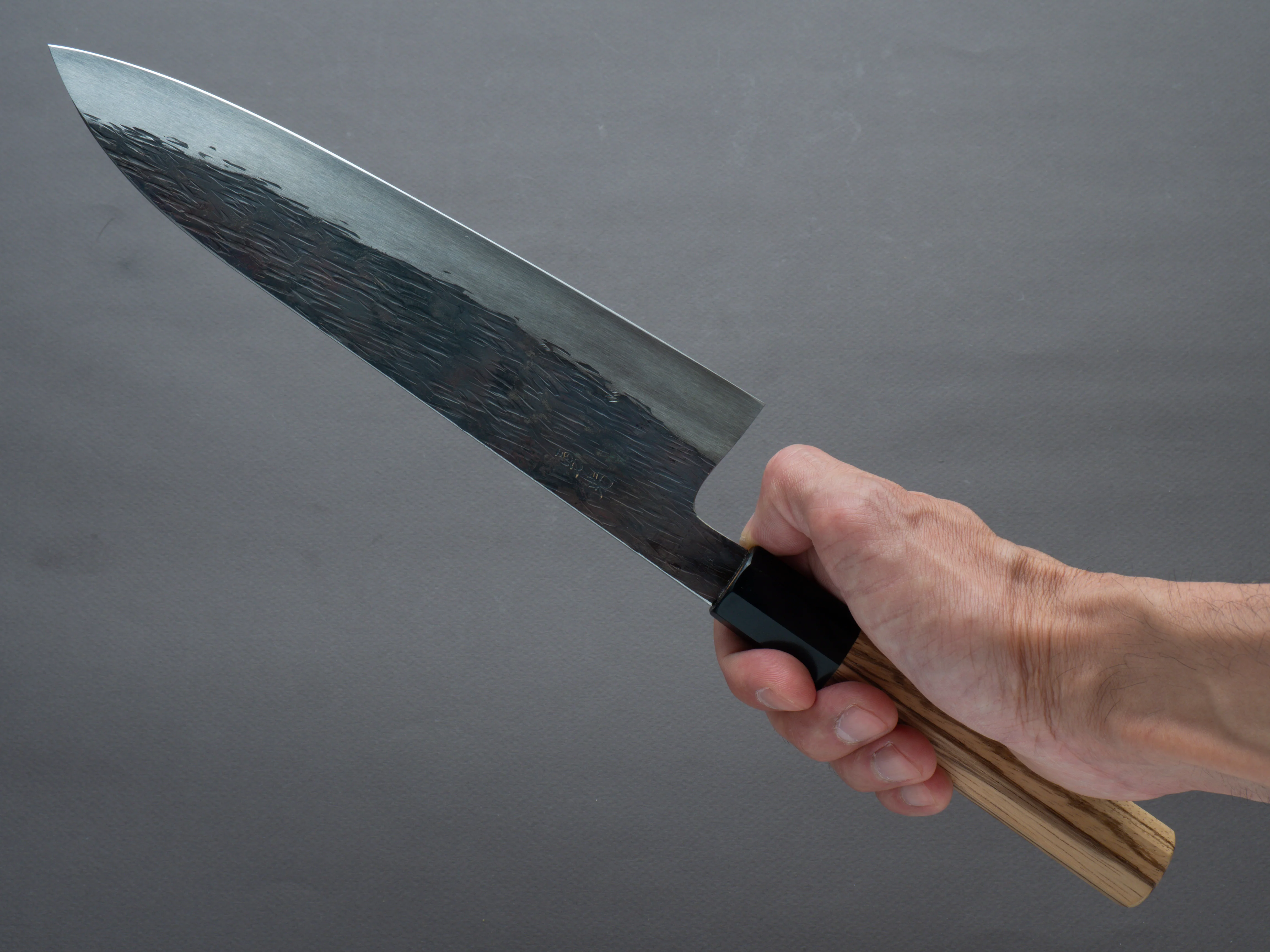Isamitsu - White #1 - Stainless Clad - Kurouchi - 210mm Gyuto - Taihei Zebrawood Handle - Image 7