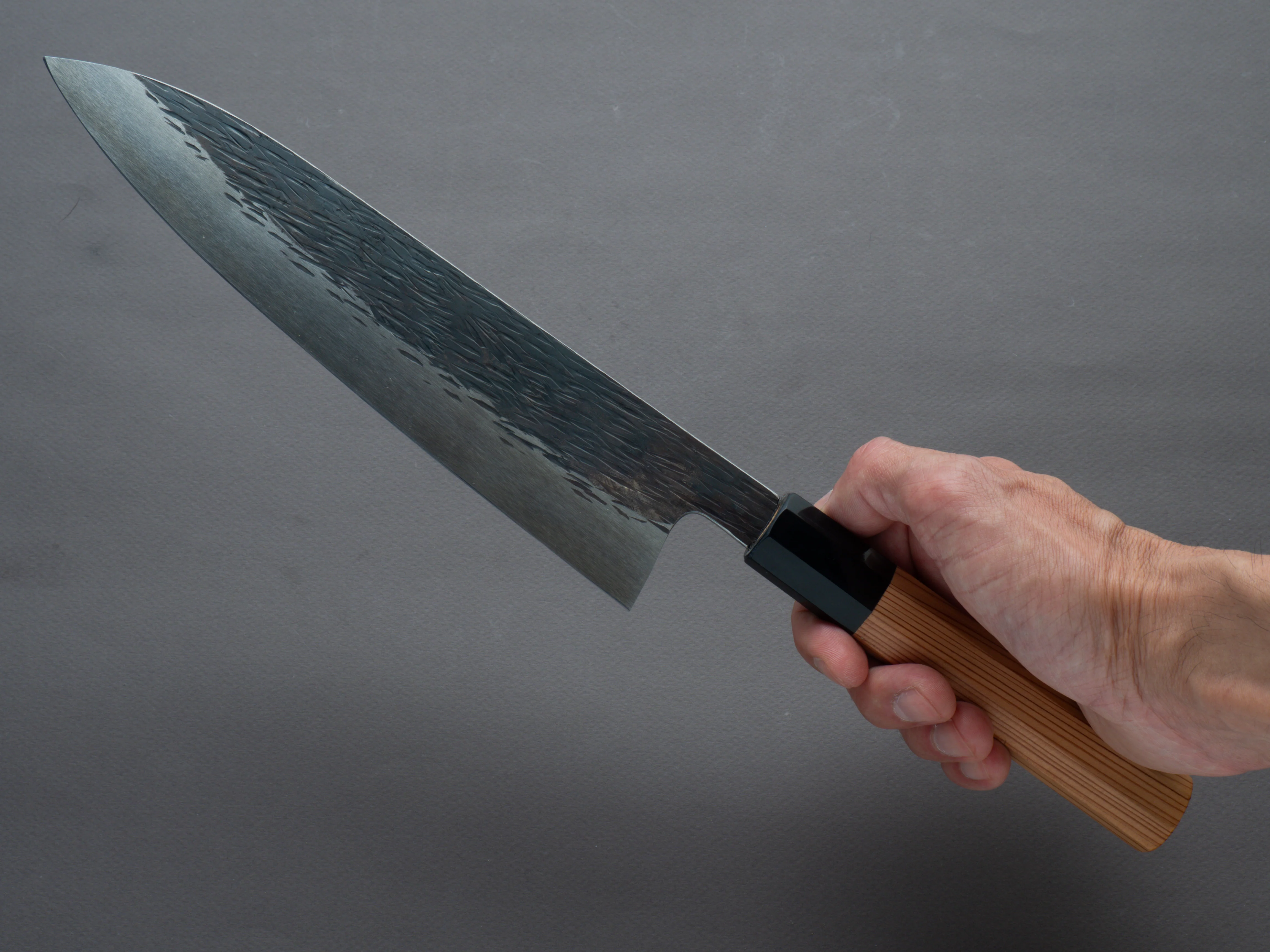 Isamitsu - White #1 - Stainless Clad - Kurouchi - 210mm Gyuto - Yakasugi Cedar Handle - Image 6