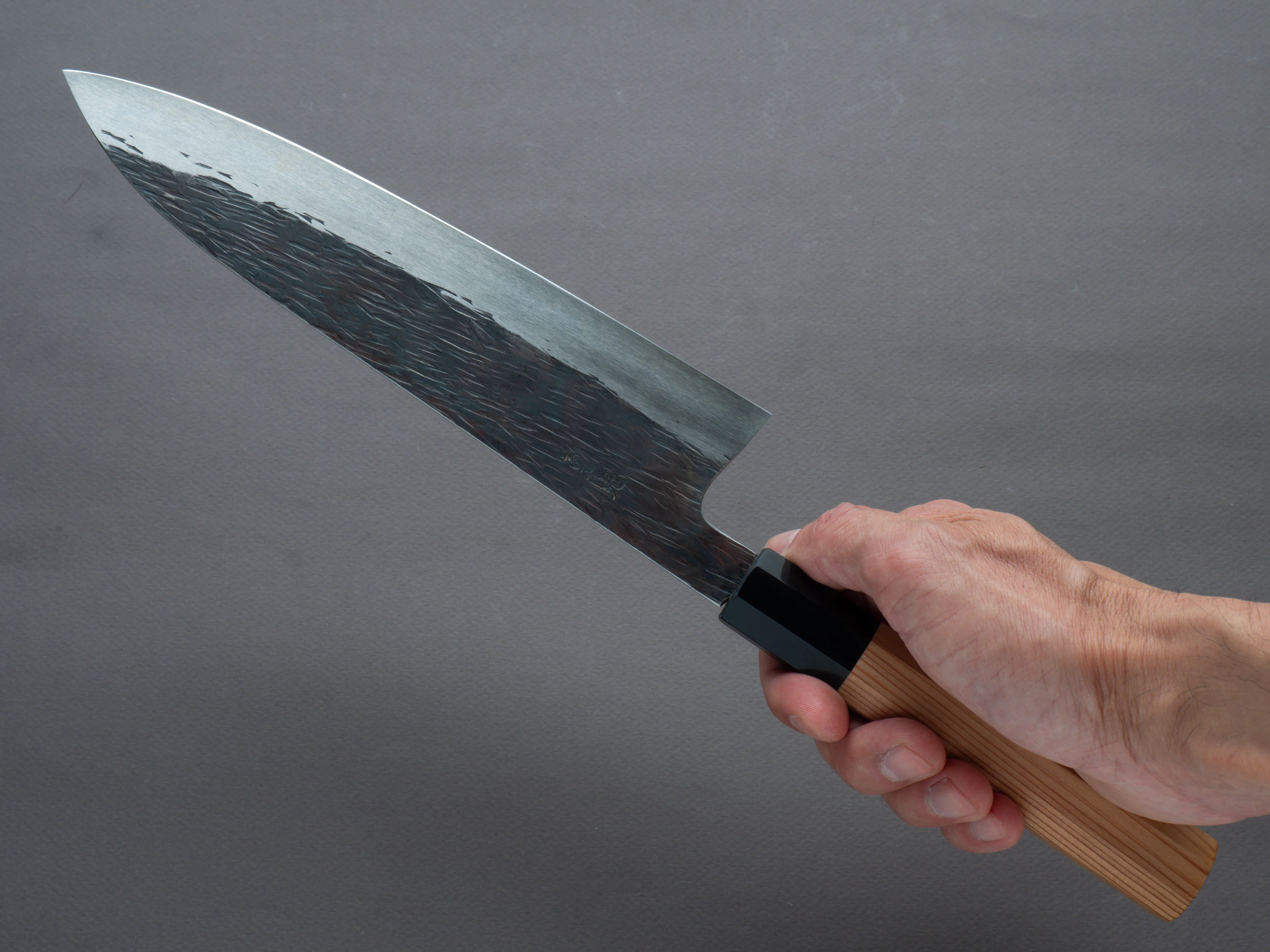 Isamitsu - White #1 - Stainless Clad - Kurouchi - 210mm Gyuto - Yakasugi Cedar Handle - Image 7