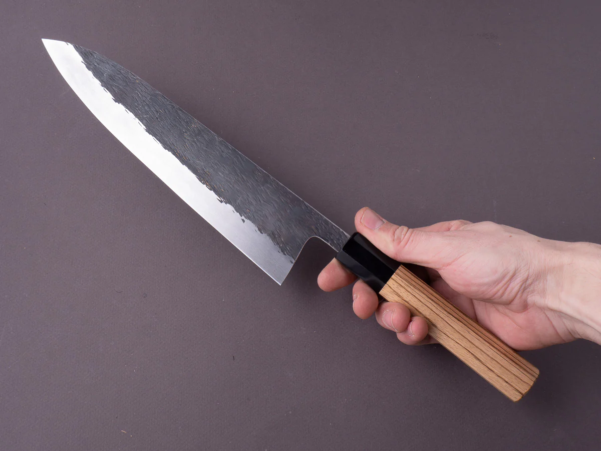 Isamitsu - White #1 Stainless Clad - Kurouchi - 240mm Gyuto - Taihei Zebrawood Handle - Image 6