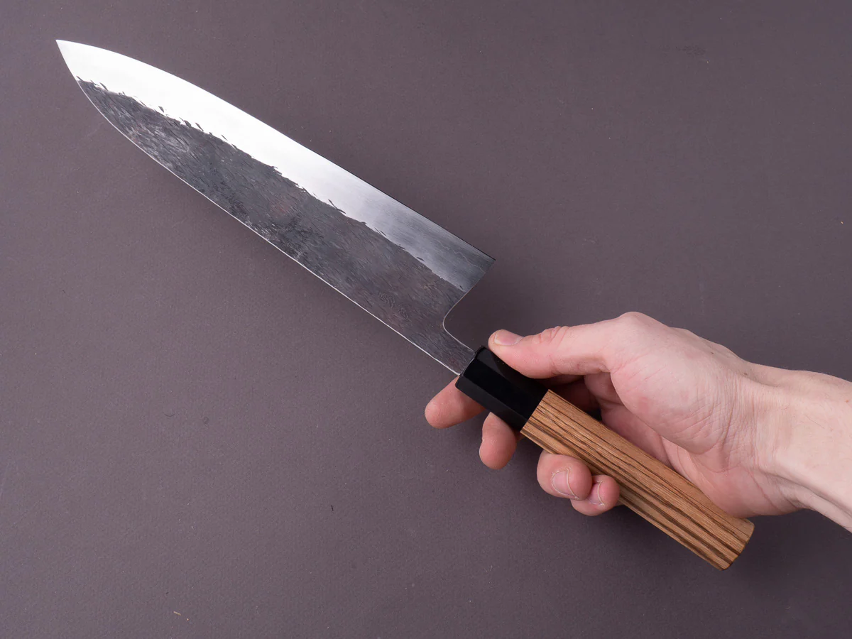 Isamitsu - White #1 Stainless Clad - Kurouchi - 240mm Gyuto - Taihei Zebrawood Handle - Image 7