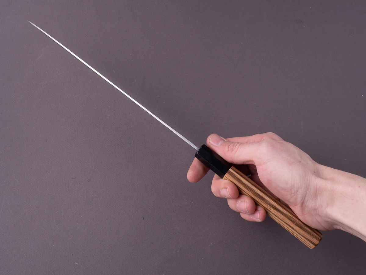 Isamitsu - White #1 Stainless Clad - Kurouchi - 240mm Gyuto - Taihei Zebrawood Handle - Image 8