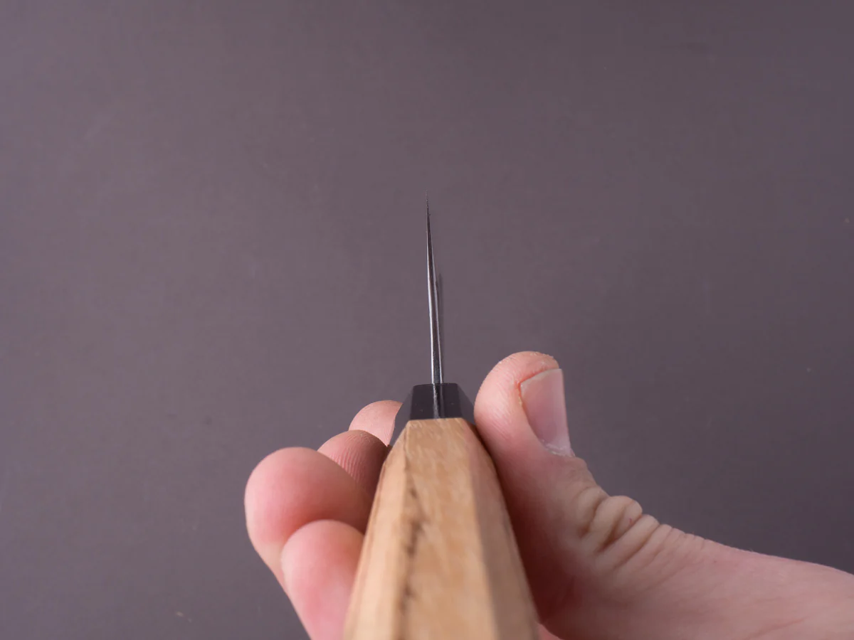 Isamitsu - White #1 Stainless Clad - Kurouchi - 240mm Gyuto - Taihei Zebrawood Handle - Image 9
