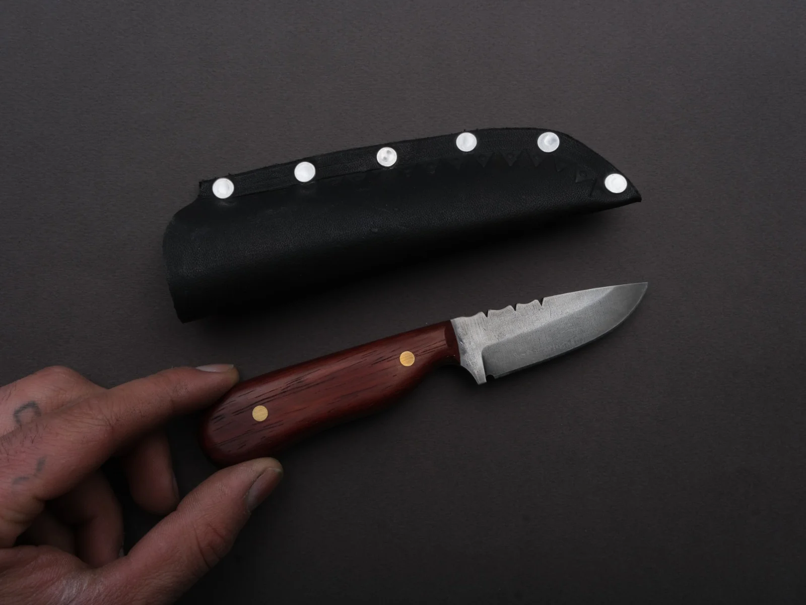 Jordan Kepler - Fixed Blade - Small Ridge Runner - 80CrV2 - Forced Patina - 2.5" - Padauk Handle - Image 4