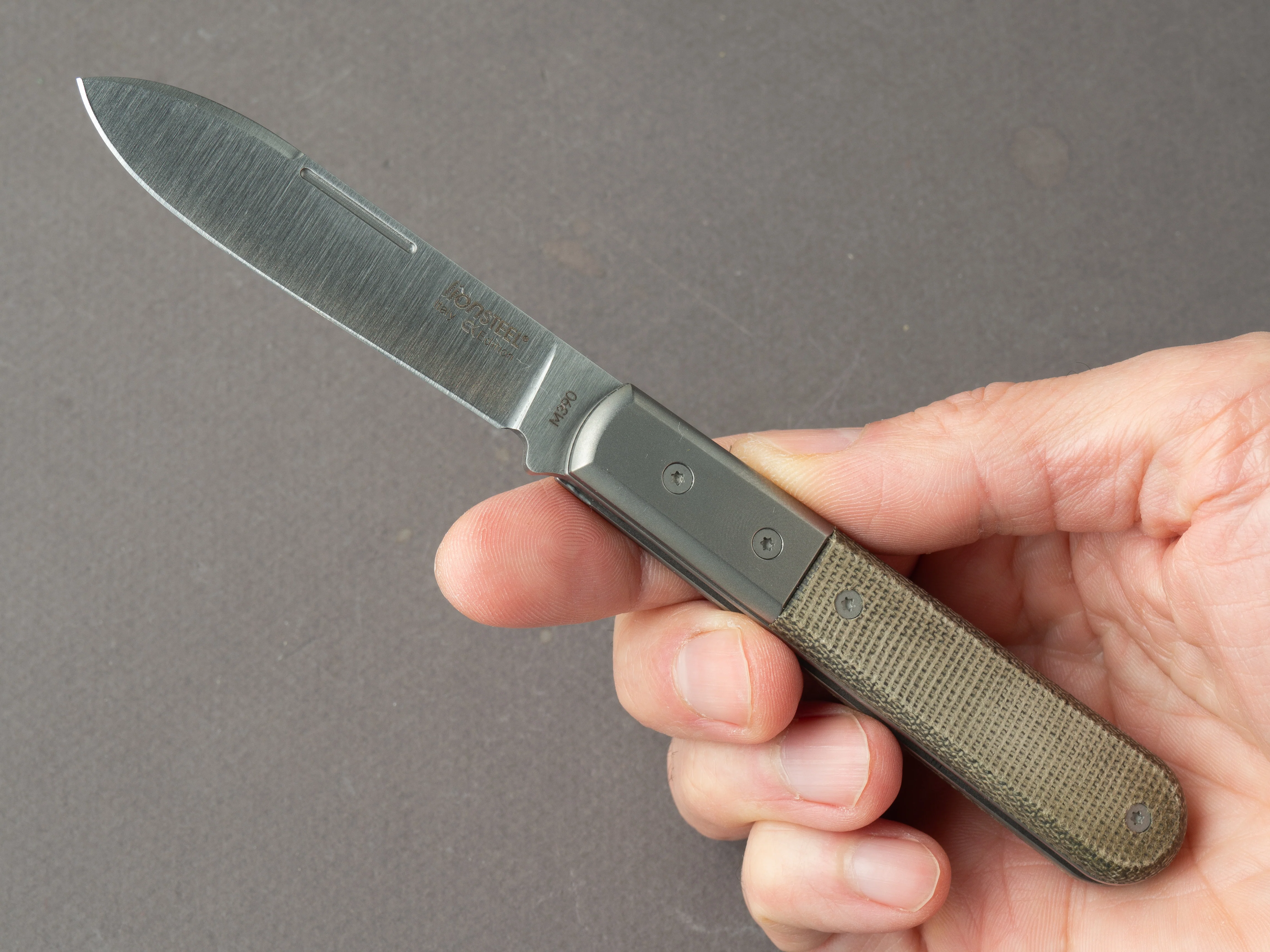 lionSTEEL - Folding Knife - Barlow - Roundhead - 65mm - M390 - Slip Joint - Green Canvas w/ Metal Bolster - Image 7