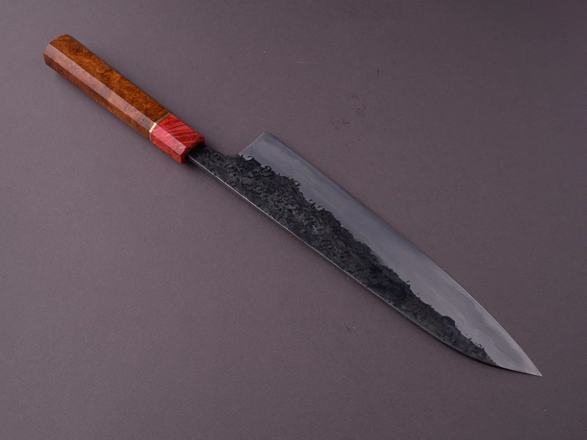 Manaka Hamono - ENN - Blue #1 - Kurouchi Tsuchime Blue #2 Kitaeji - 240mm Gyuto - Quince Burl Handle w/ Brass Spacer - Honkasumi - Image 3
