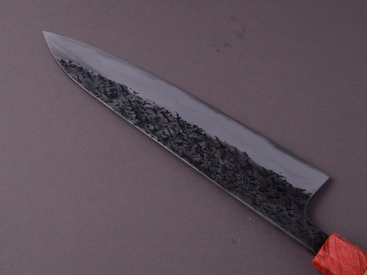 Manaka Hamono - ENN - Blue #1 - Kurouchi Tsuchime Blue #2 Kitaeji - 240mm Gyuto - Quince Burl Handle w/ Brass Spacer - Honkasumi - Image 4