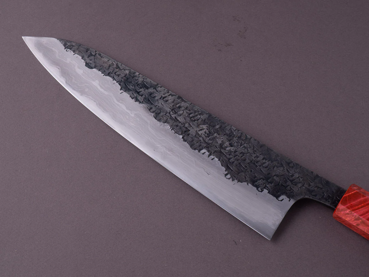 Manaka Hamono - ENN - Blue #1 - Kurouchi Tsuchime Blue #2 Kitaeji - 240mm Gyuto - Quince Burl Handle w/ Brass Spacer - Honkasumi - Image 5