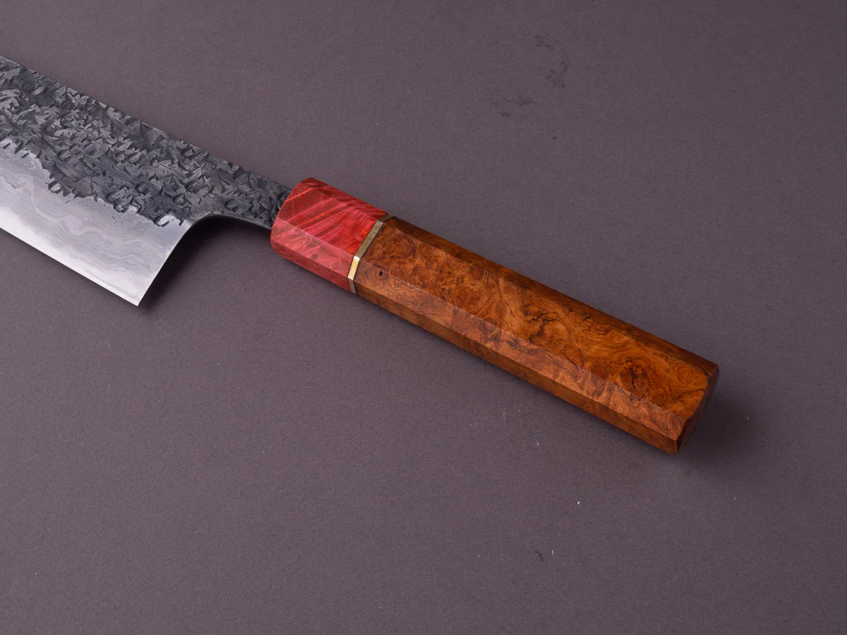 Manaka Hamono - ENN - Blue #1 - Kurouchi Tsuchime Blue #2 Kitaeji - 240mm Gyuto - Quince Burl Handle w/ Brass Spacer - Honkasumi - Image 6