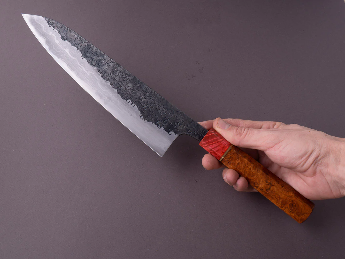 Manaka Hamono - ENN - Blue #1 - Kurouchi Tsuchime Blue #2 Kitaeji - 240mm Gyuto - Quince Burl Handle w/ Brass Spacer - Honkasumi - Image 7