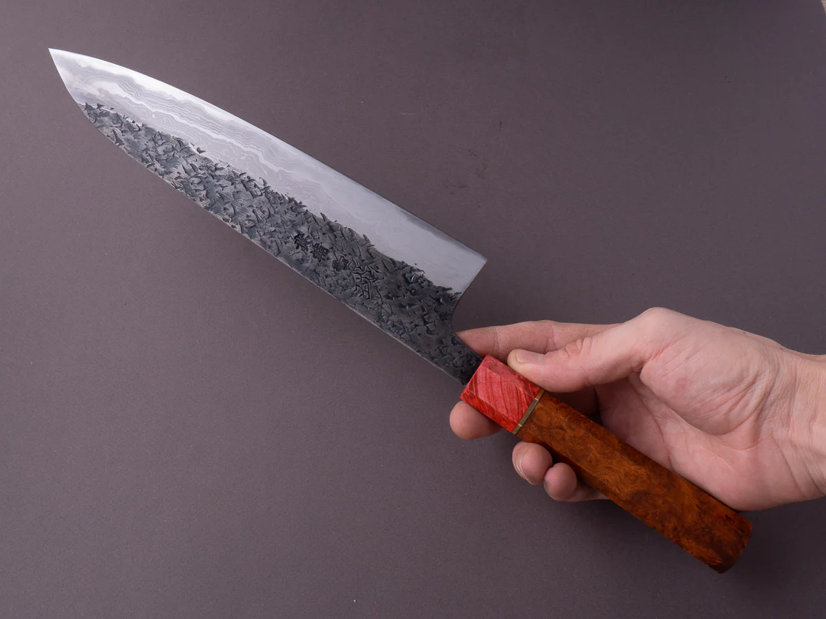 Manaka Hamono - ENN - Blue #1 - Kurouchi Tsuchime Blue #2 Kitaeji - 240mm Gyuto - Quince Burl Handle w/ Brass Spacer - Honkasumi - Image 8