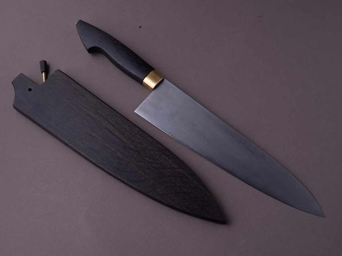 Milan Gravier - Nogent - Damascus x Full Stone Polish - 135Cr3 Carbon - 240mm Gyuto - Detachable Bog Oak Western Handle - Matching Bog Oak Saya