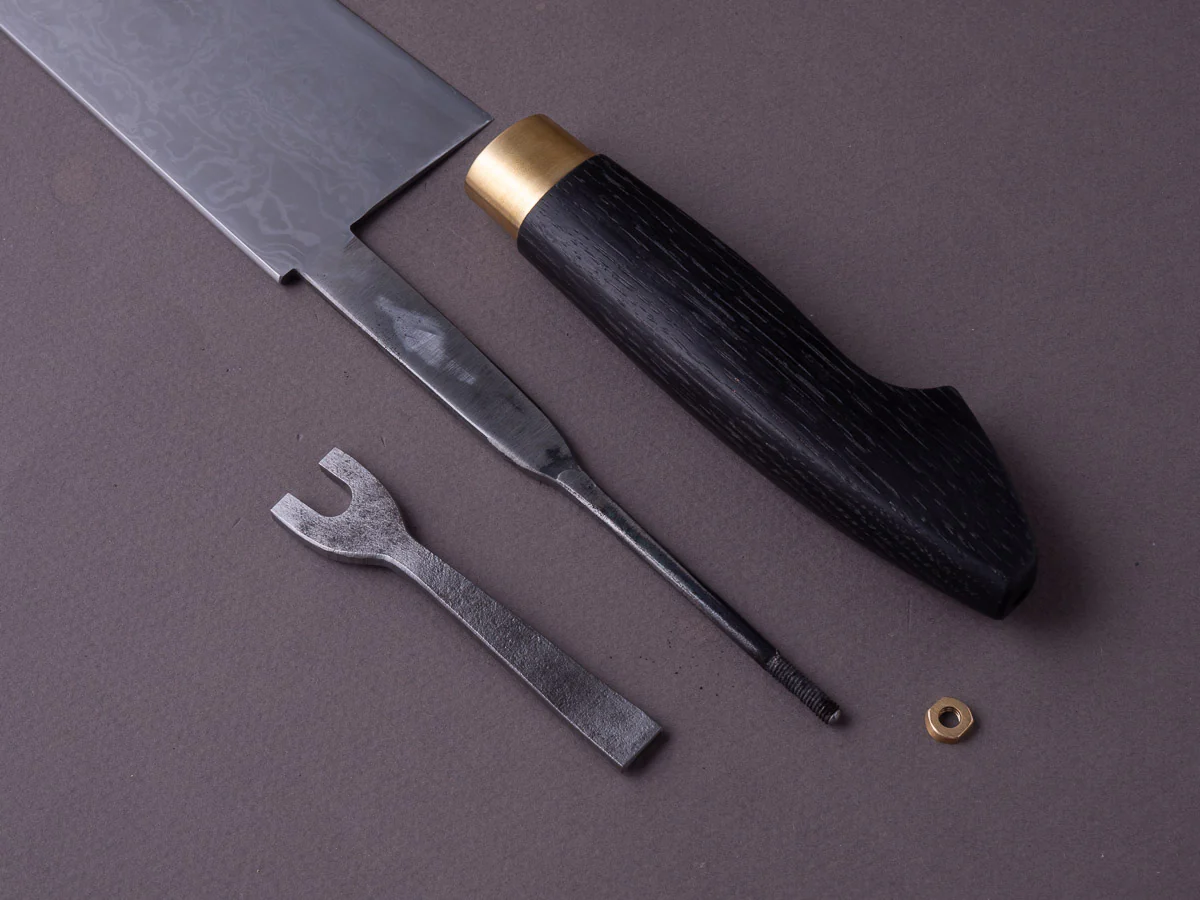 Milan Gravier - Nogent - Damascus x Full Stone Polish - 135Cr3 Carbon - 240mm Gyuto - Detachable Bog Oak Western Handle - Matching Bog Oak Saya - Image 12