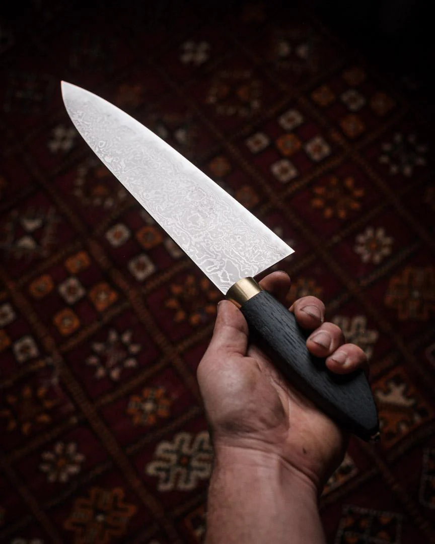 Milan Gravier - Nogent - Damascus x Full Stone Polish - 135Cr3 Carbon - 240mm Gyuto - Detachable Bog Oak Western Handle - Matching Bog Oak Saya - Image 14