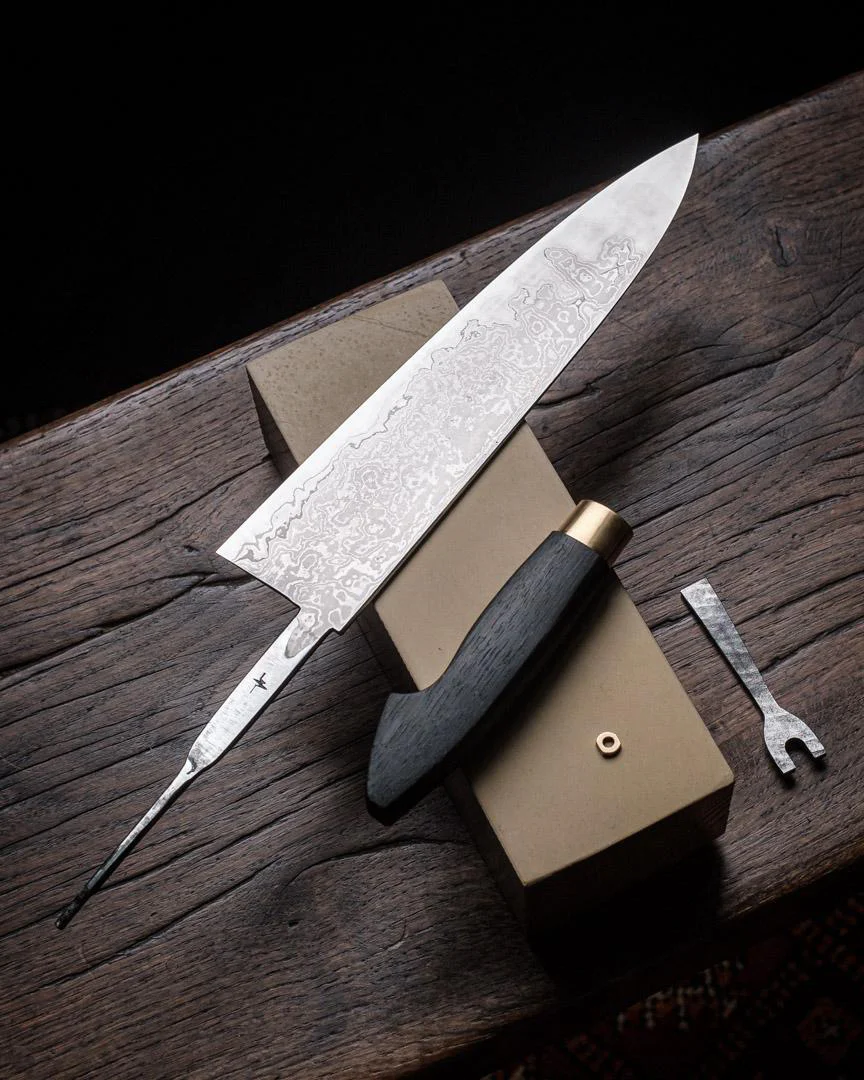 Milan Gravier - Nogent - Damascus x Full Stone Polish - 135Cr3 Carbon - 240mm Gyuto - Detachable Bog Oak Western Handle - Matching Bog Oak Saya - Image 16