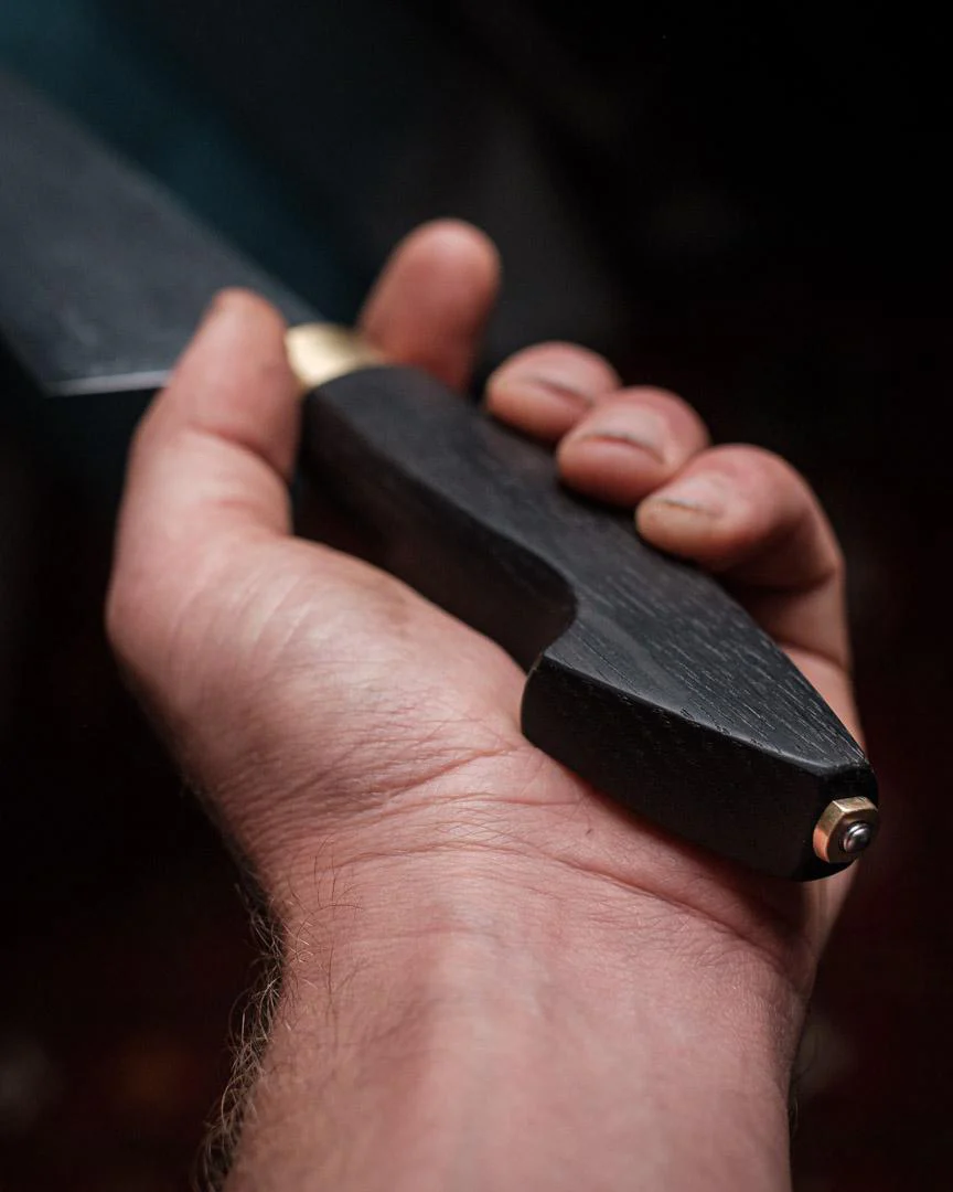 Milan Gravier - Nogent - Damascus x Full Stone Polish - 135Cr3 Carbon - 240mm Gyuto - Detachable Bog Oak Western Handle - Matching Bog Oak Saya - Image 17